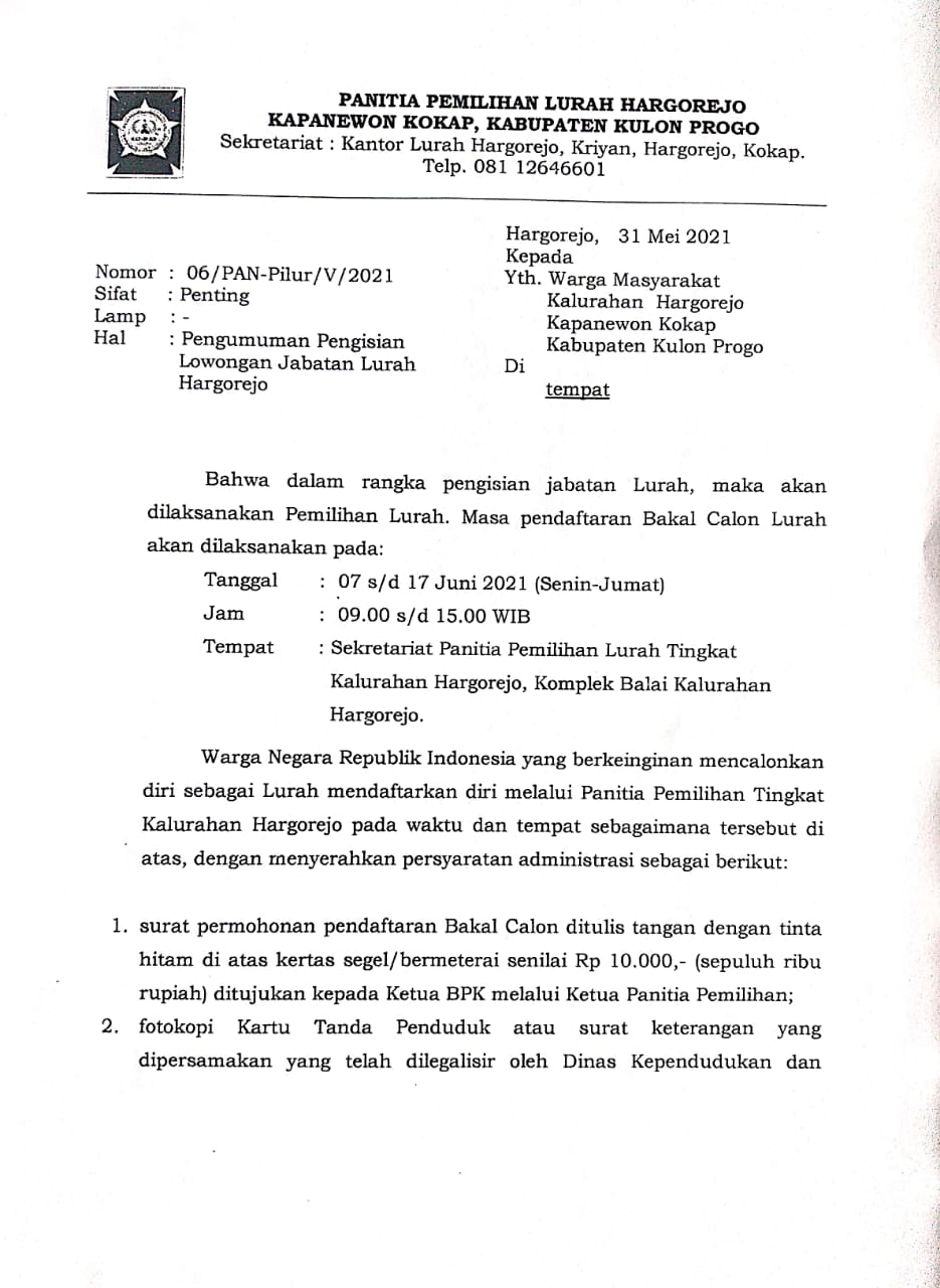 Memasuki Tahapan Sosialisasi Pemilihan Lurah Hargorejo